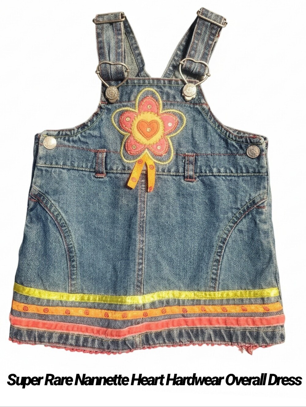 VTG 90s Nannette Denim Overall Pinafore Dress Flower Heart Hardwear 18M 18Months